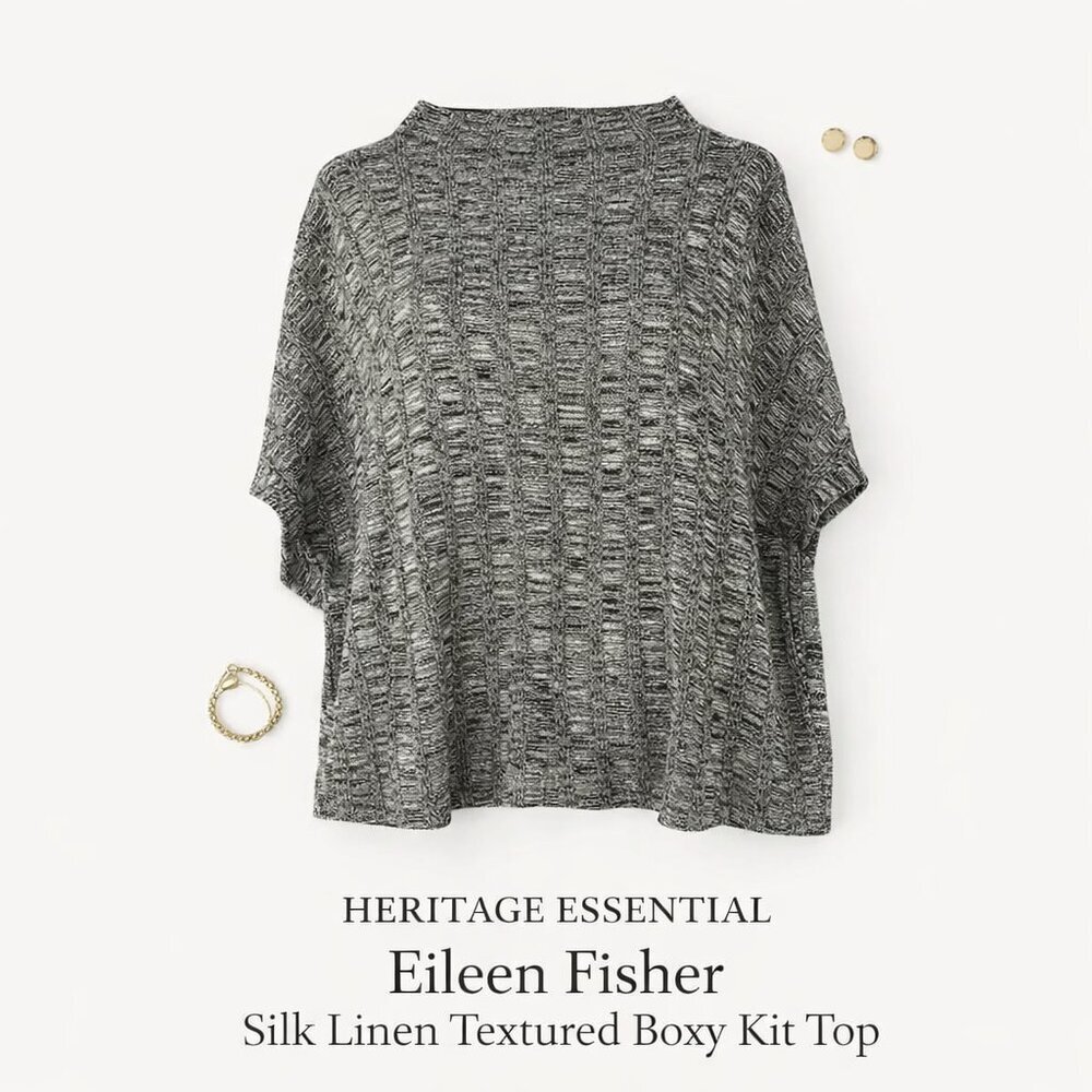 Eileen Fisher Silk Linen Textured Boxy Knit Top Gray Small